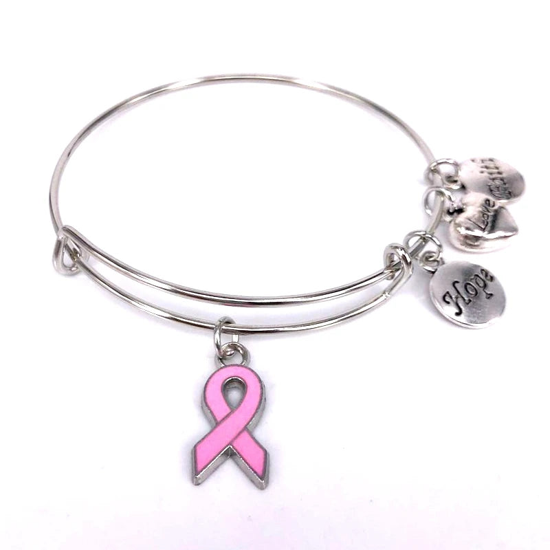 Breast Cancer Charm Bangle Bracelet ~ Hope Love Faith and Ribbon