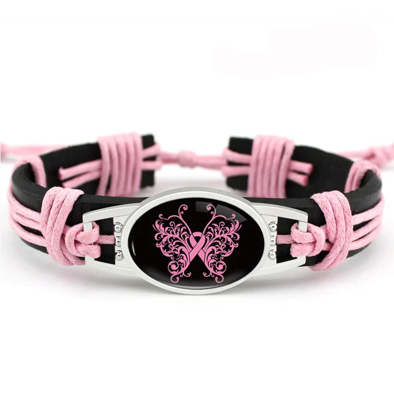 Breast Cancer Ribbon Butterfly Adjustable Bracelet