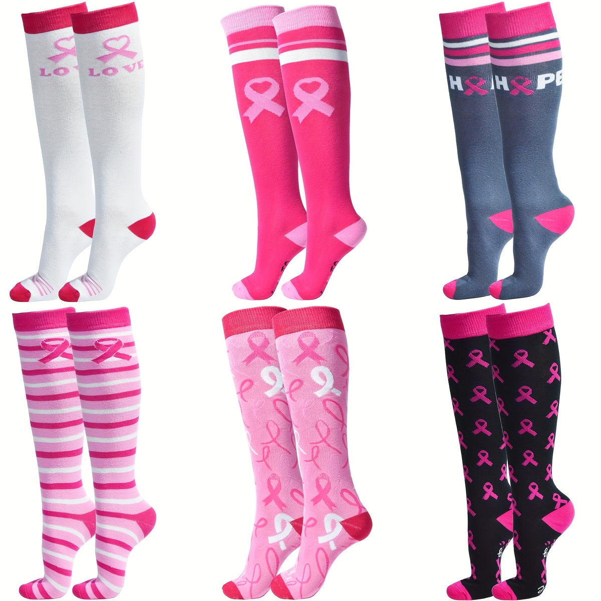 6 Pairs Breast Cancer Awareness Knee Socks