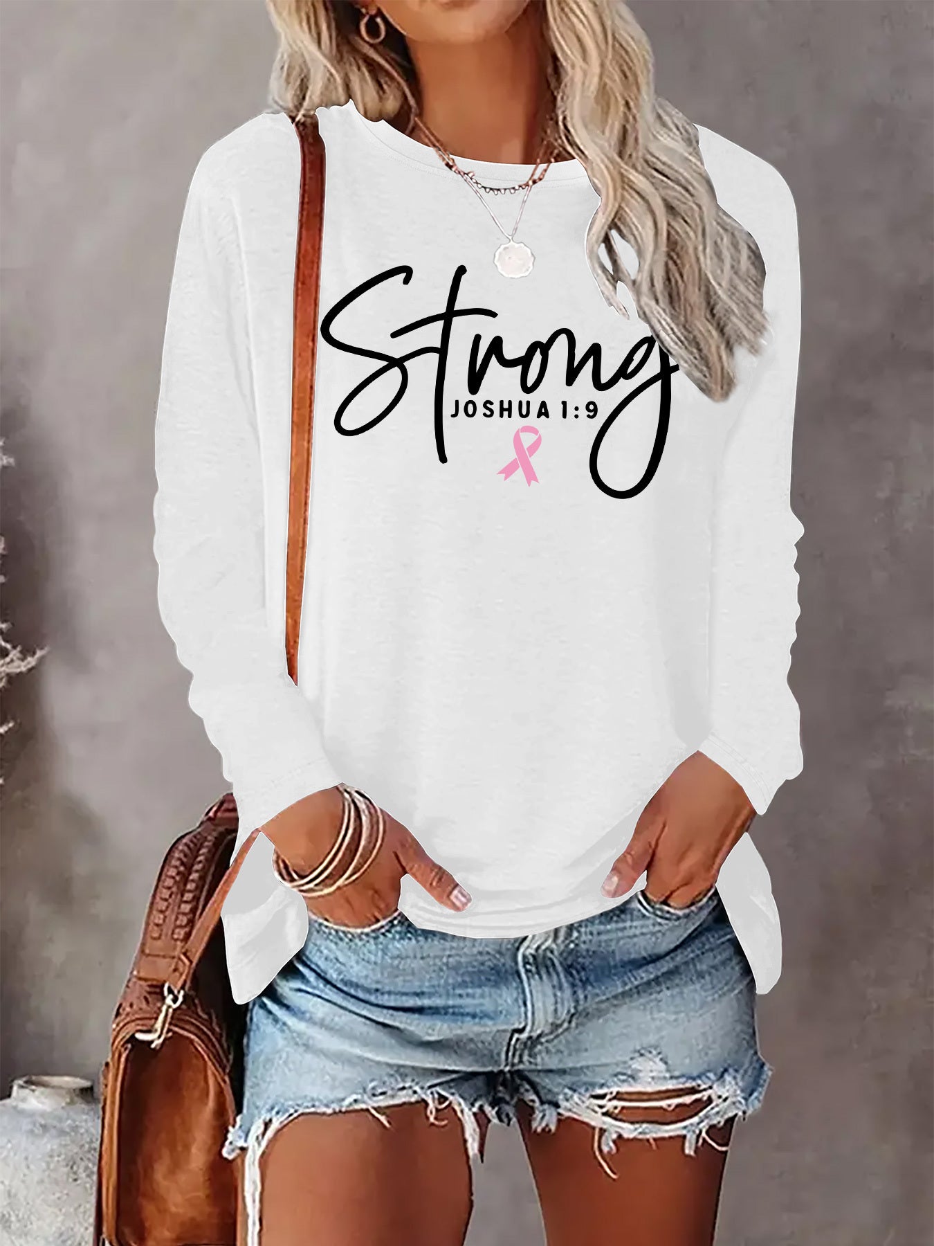 STRONG ~ Joshua 1:9 & Pink Ribbon Long Sleeve Tshirt