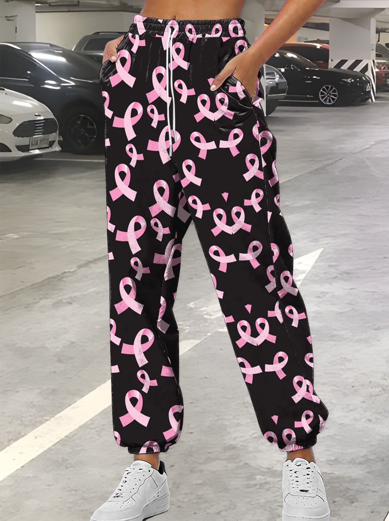 Pink BC Ribbons on Black Joggers
