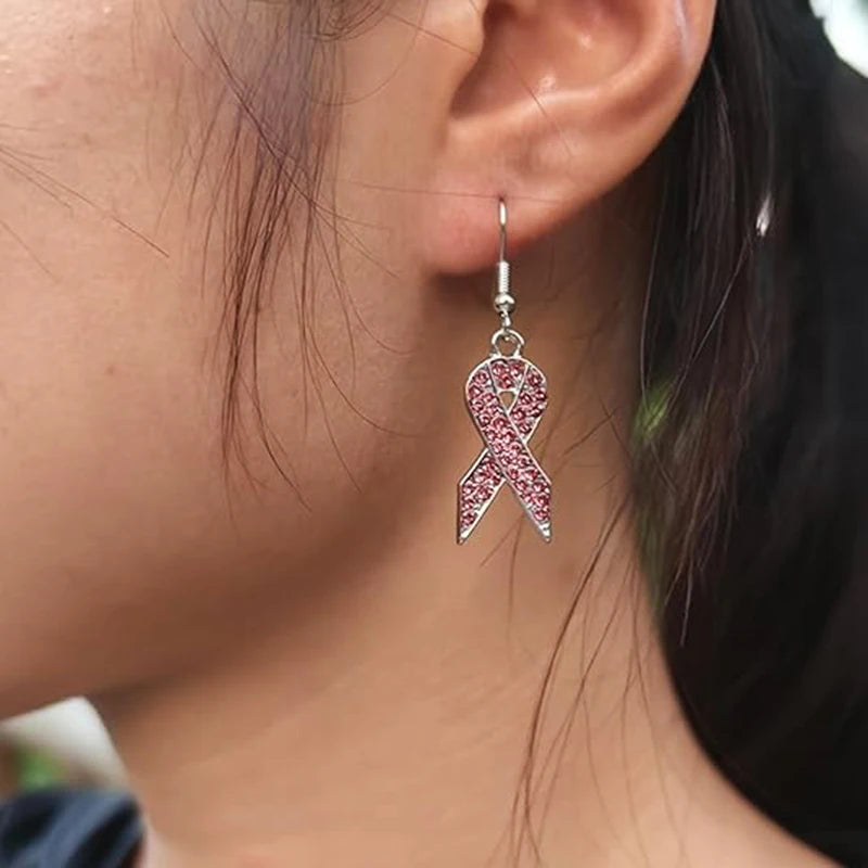 Breast Cancer Awareness Pink Rhinestone Ribbon Earrings