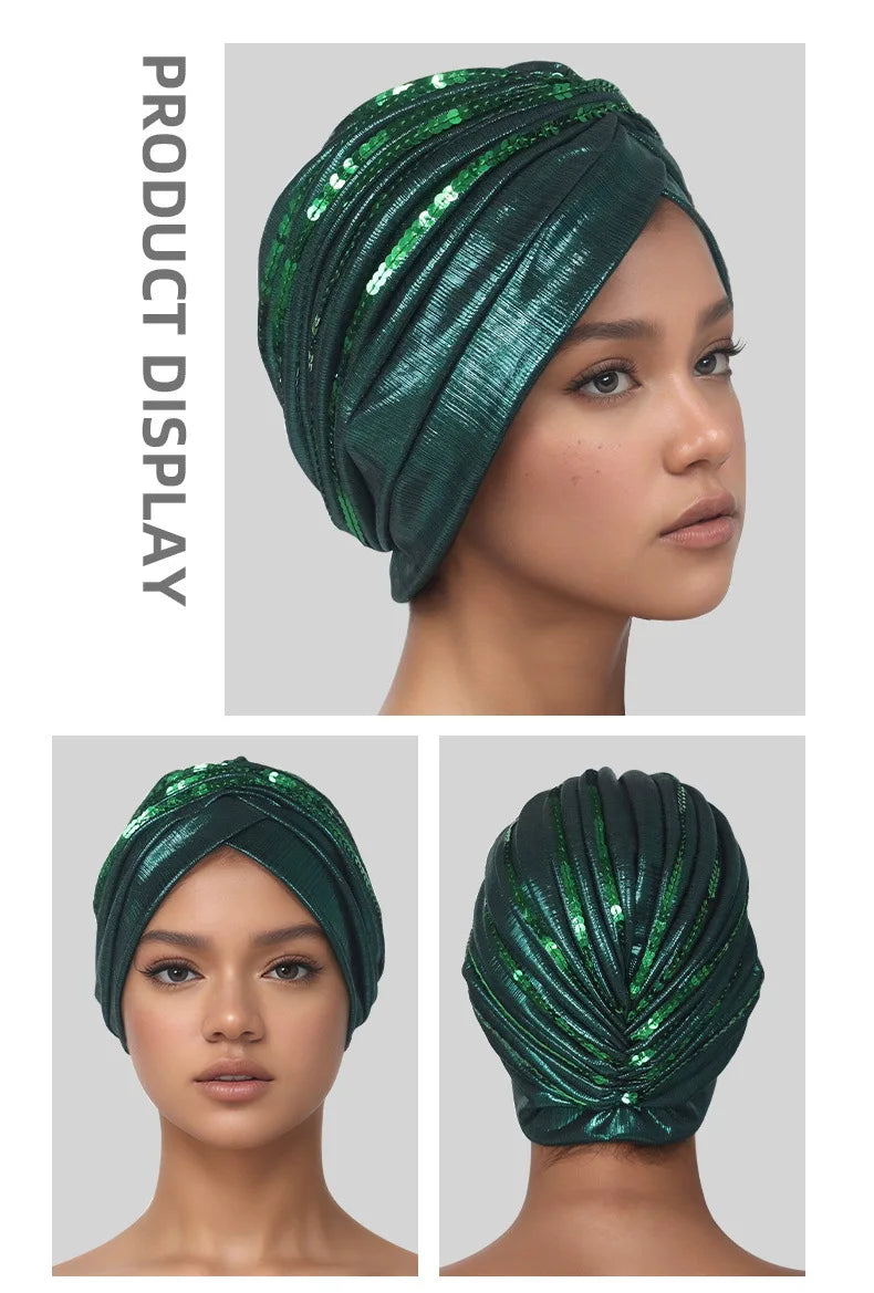 Metallic Head Wrap with matching sequins. You can dress this up or dress it down, but you will always feel like a queen when you put it on.