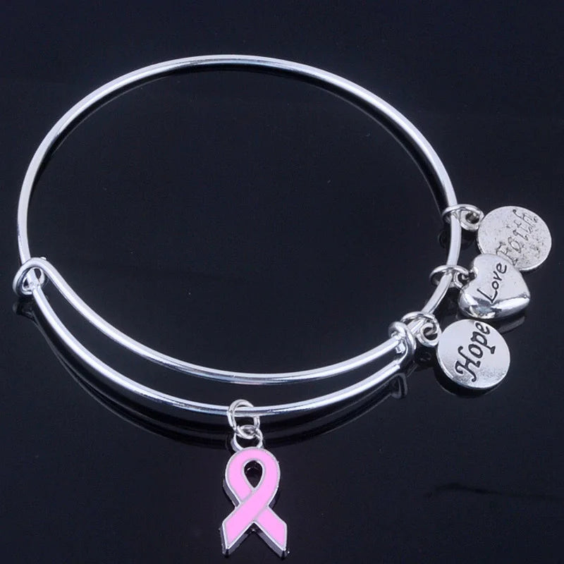 Breast Cancer Charm Bangle ~ Hope Love Faith and Ribbon