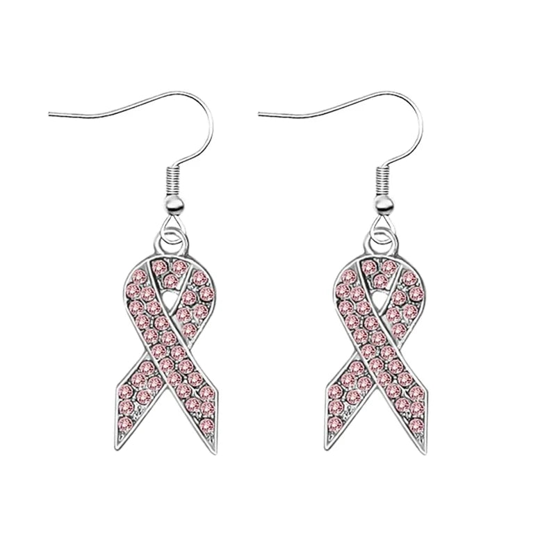 Breast Cancer Awareness Pink Rhinestone Ribbon Earrings