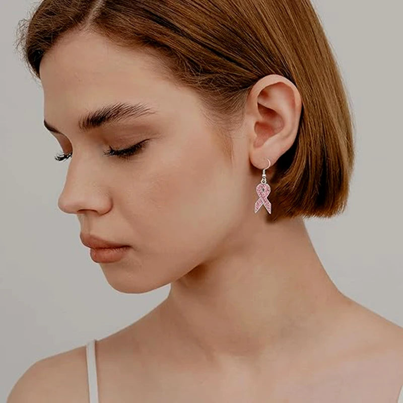 Breast Cancer Awareness Pink Rhinestone Ribbon Earrings