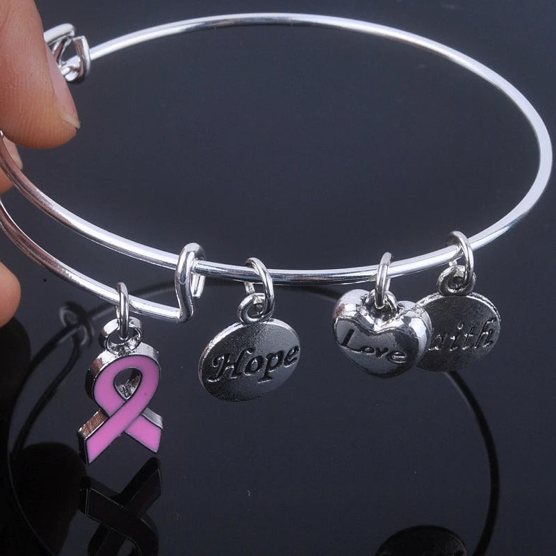 Breast Cancer Charm Bangle ~ Hope Love Faith and Ribbon