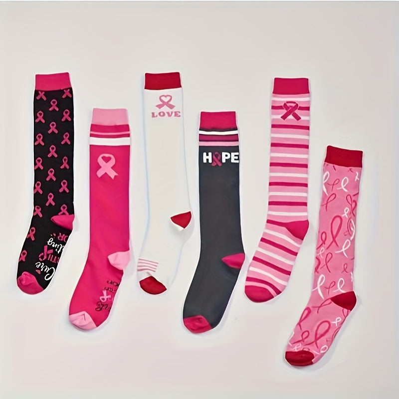 6 Pairs Breast Cancer Awareness Knee Socks