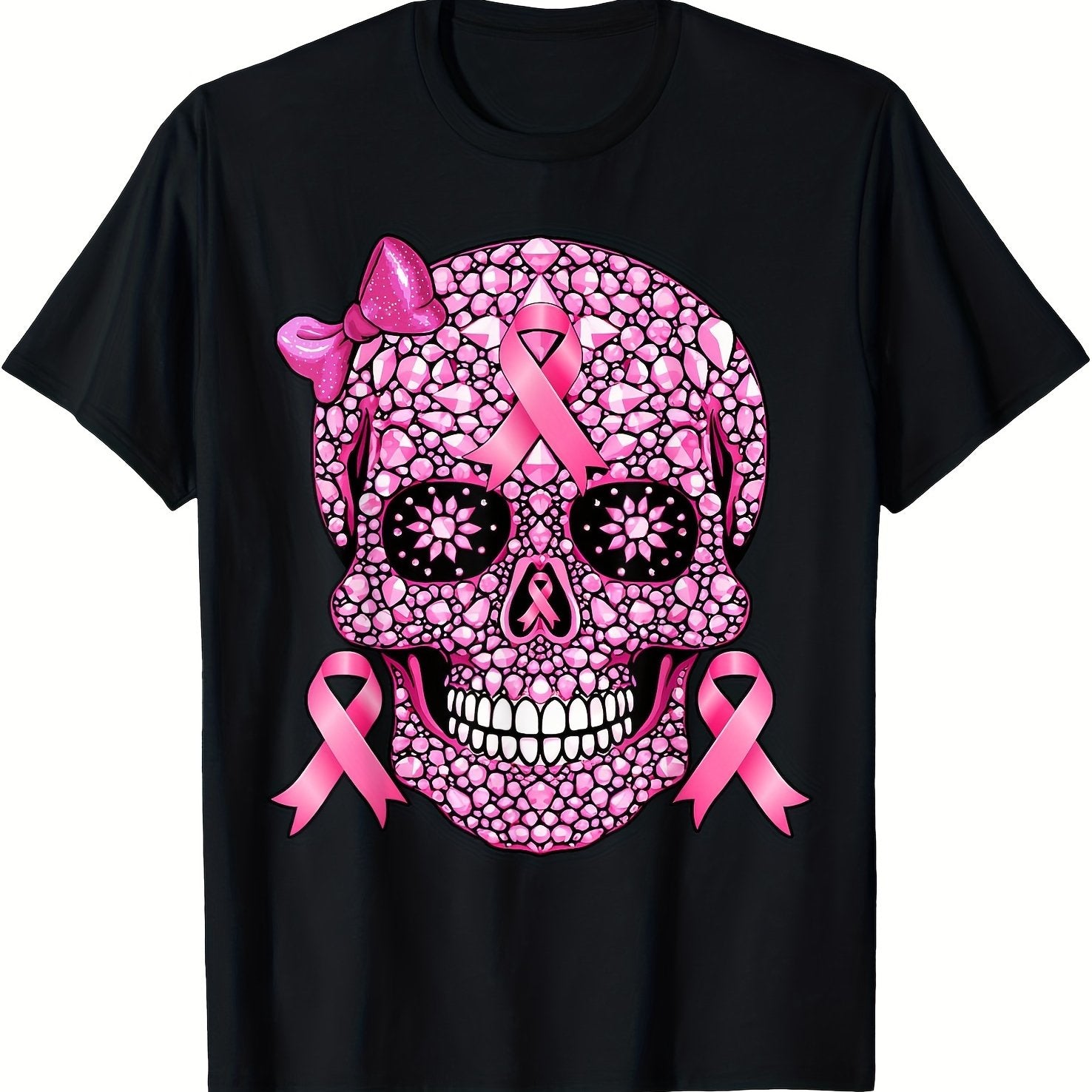 Sugar Skull Pink Ribbon Breast Cancer Awareness T-Shirt
